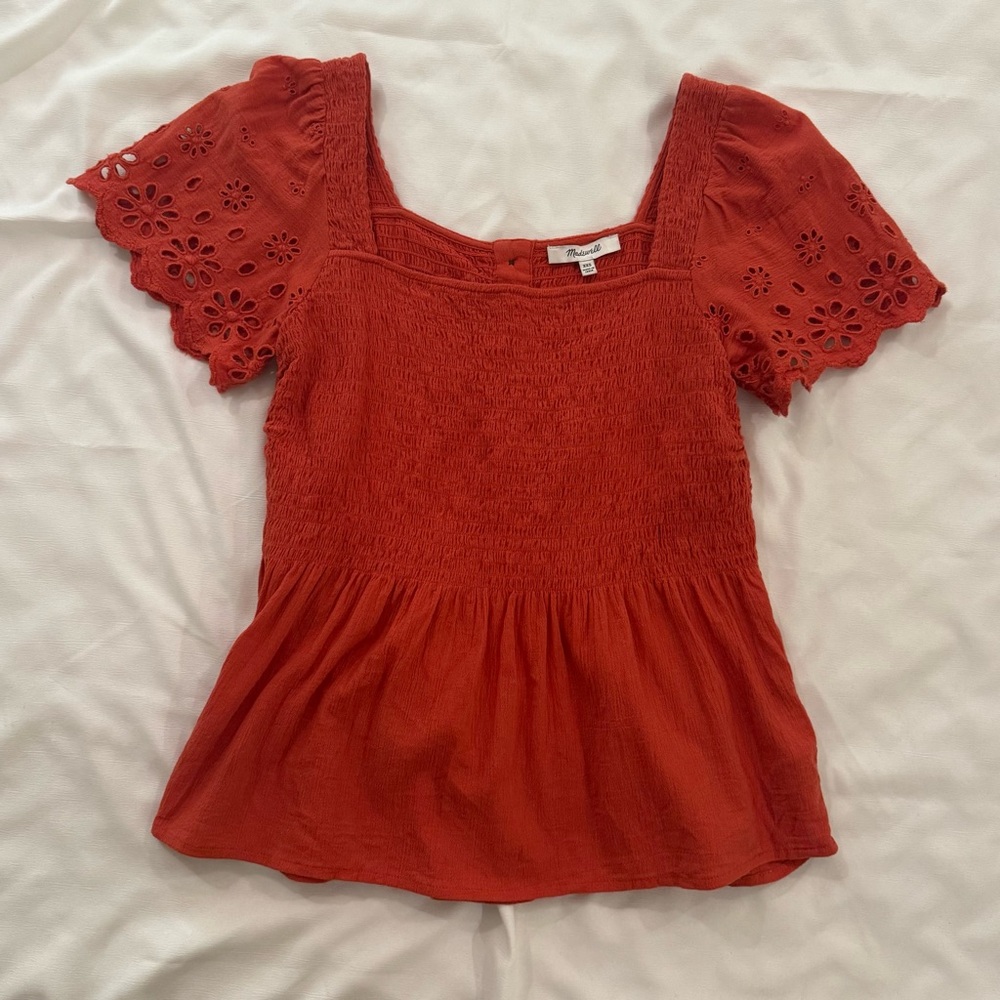 Madewell Eyelet Sleeve Lucie Smocked Peplum Top, Orange, Size XXS, Style #NE241 - Picture 3 of 10